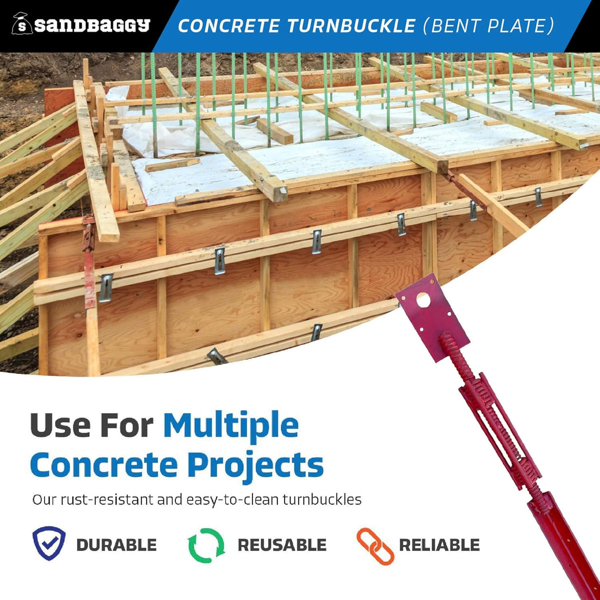 Sandbaggy Concrete Turnbuckle Form Aligner with 5" x 3" Bent Plate (35" - 37.5" Length) - Rust Resistant Steel - Adjustable Wall Brace - Aligns & Plumbs Form Walls, Columns, or Beams (35 inches, 300)