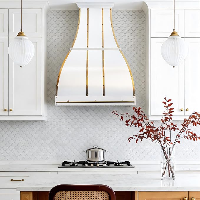 CHETTO C Stainless Steel Range Hood Cover with 4-Speed Vent Hood Insert Custom Handcrafted Metal Kitchen Fan with Towel Rack LED Light 54"W x21"D x48"H White Wall Mount