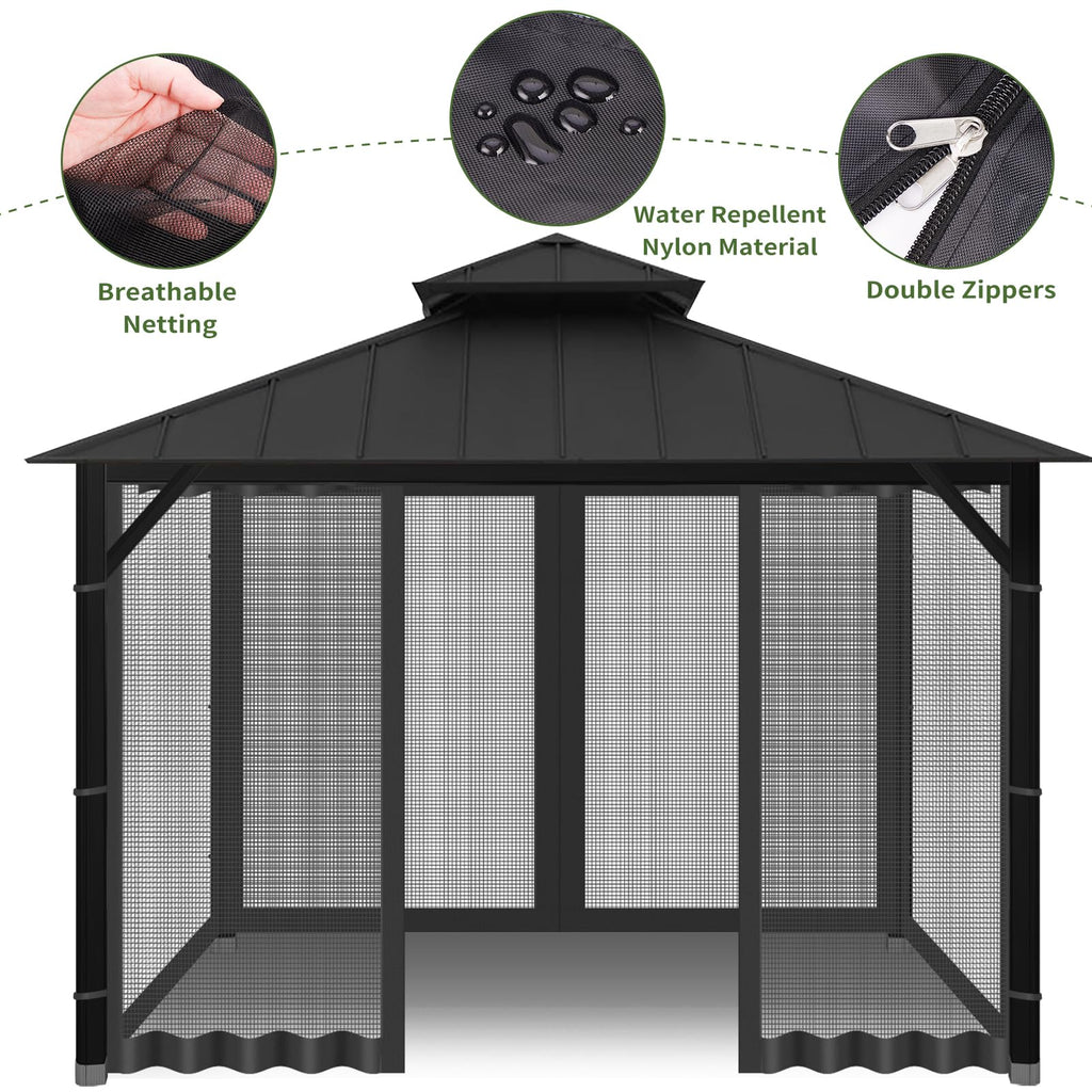 Gazebo Universal Replacement Mosquito Netting, 10' x 10' Outdoor Canopy Net Screen 4-Panel Sidewall Gazebo Curtains, with Zippers, Easy to Install, Fit for Most Gazebos 10x10 Canopy，Patio （Black）