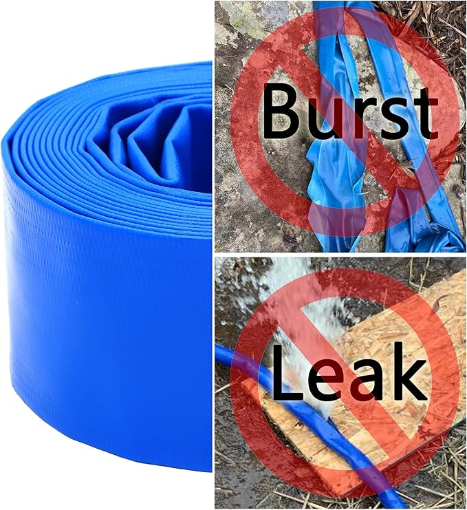 DAVCO 2" x 100 ft Pool Backwash Hose, Heavy Duty Reinforced Blue PVC Lay Flat Water Discharge Pump Hoses For Swimming Drain Pools and Clean Filters,with 1 Clamp