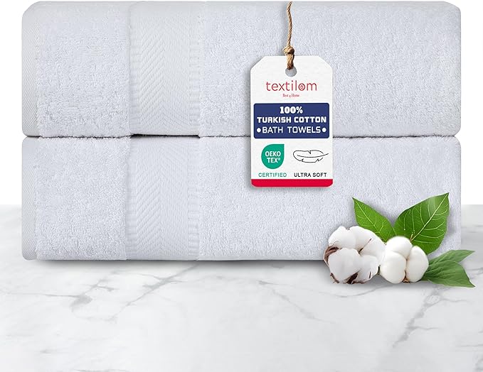 TEXTILOM 100% Turkish Cotton 2 Pcs Bath Towel Set, Luxury Bath Towels for Bathroom, Soft & Absorbent Hotel Quality Bathroom Towels Set (27 x 54 inches)- White
