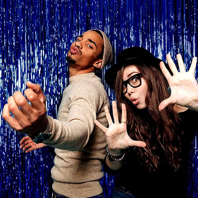 4 Pack Blue Foil Fringe Curtain Backdrop, 3.28Ftx8.2Ft Metallic Tinsel Streamers for Sea Party, Photo Booth Props, Birthday, 2022 Summer Ocean Theme Party Decoration Supplies