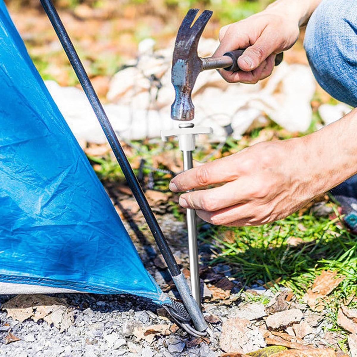 Eurmax USA Galvanized Non-Rust Camping Family Tent Pop Up Tent Stakes Canopy Anchors Heavy Duty 10pc-Pack, with 4x10ft Ropes & 1 White Stopper