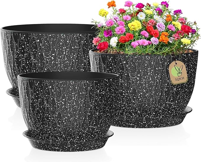 12/10/9 Inch Plant Pots, 3 Pack Large Flower Pots for Indoor and Outdoor Plants with Water Ripples, Large Plastic Flower Pots with Drainage Holes and Tray for Garden Indoor Plants