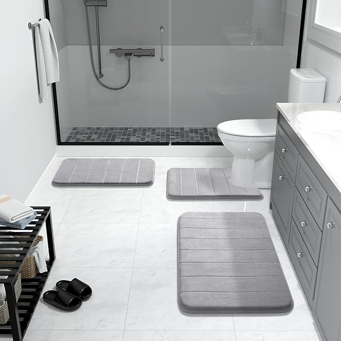 Yimobra Memory Foam Bath Mat, Super Soft Absorbent Bathroom Rug Non Slip 24x17 Inch, Quick Dry, Machine Washable Floor Carpet for Tub Shower, Home Decor Accessories, Gray