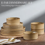 E-far Stoneware Dinnerware Sets, 18-Pieces Modern Plates and Bowls Sets, Kitchen Dinning Porcelain Dishes Set for 6, Chip & Scratch Resistant, Dishwasher & Microwave Safe, Caramel Khaki