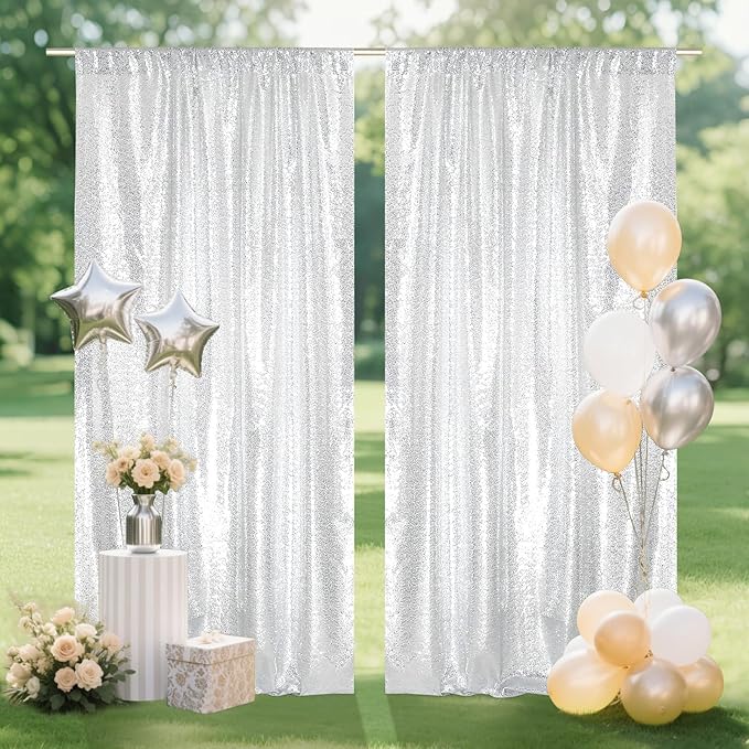 SquarePie Sequin Backdrop Curtain 8FT x 10FT Silver Satin Backing Fabric Photography Background for Wedding Patry 4FT x 10FT 2 Panels