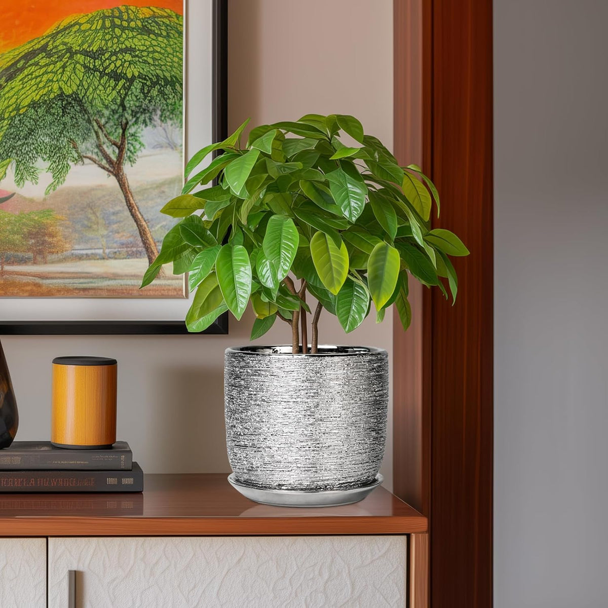 Ceramic Pot for Plants 8 Inch - Ceramic Flower Pot Indoor with Drainage Hole and Saucer, Decorative Round Indoor Planter, Plant Lover Gifts, Patio Home Office House Decor, Silver