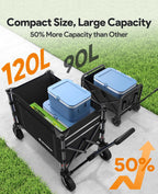 3 in 1 Collapsible Wagon Converts to Bench, 220lbs Foldable Wagon Cart with Wheels, 120L Shopping Cart for Groceries Folding Utility Wagon for Beach, Garden, Camping, Sport, Black