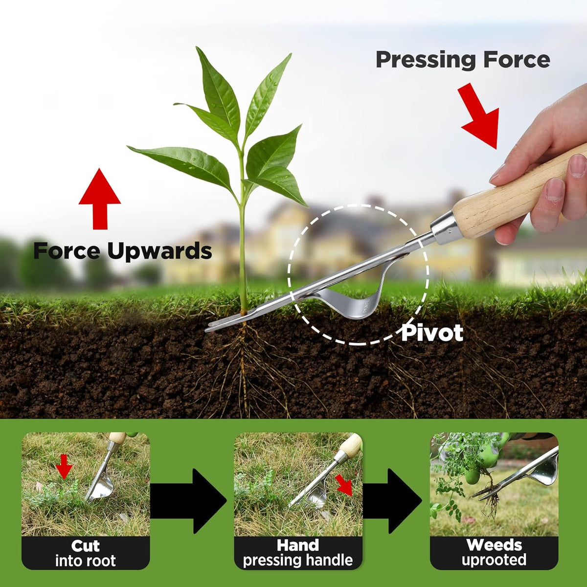 WORKPRO Weed Puller Tool, Metal Leverage Base and V-Shaped Forks for Easy Weed Removal & Deeper Root Digging, Heavy Duty Stainless Steel with Wood Handle, Manual Hand Weeder for Gardening