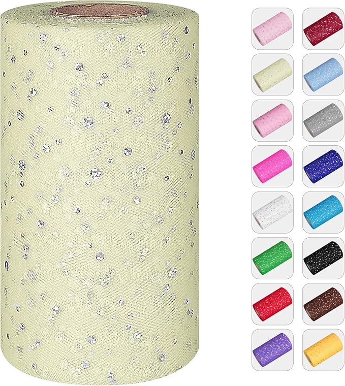 Glitter Tulle Rolls, 6' by 50 Yards (150FT) Sequin Tulle Netting Fabric for Tutu Skirts Sewing Birthday Wedding Party Decoration (Ivory)