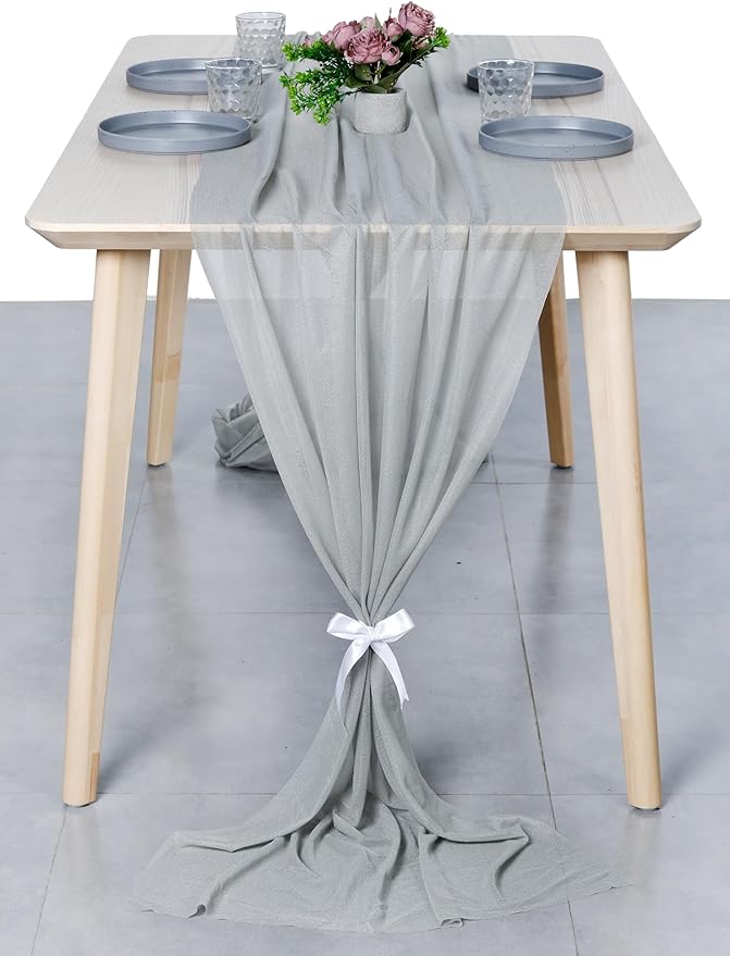 MDS Halloween Chiffon Table Runner - 12 Pack, 29 x 170 Inches, 14ft Each - Sheer Spooky Table Runners for Haunted House Parties, Trick-or-Treat Tables, Witchy Décor, Wedding & Events - Gray