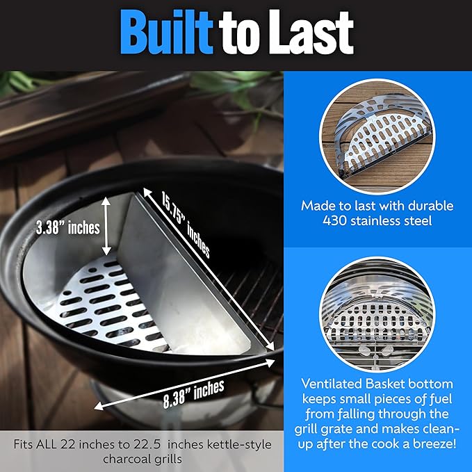 SnS Grills Slow ‘N Sear Charcoal Inserts for Low ‘N Slow & High-Heat Cooking - Patented Stainless Steel Accessories for Kettle Grills - Charcoal Basket 18"