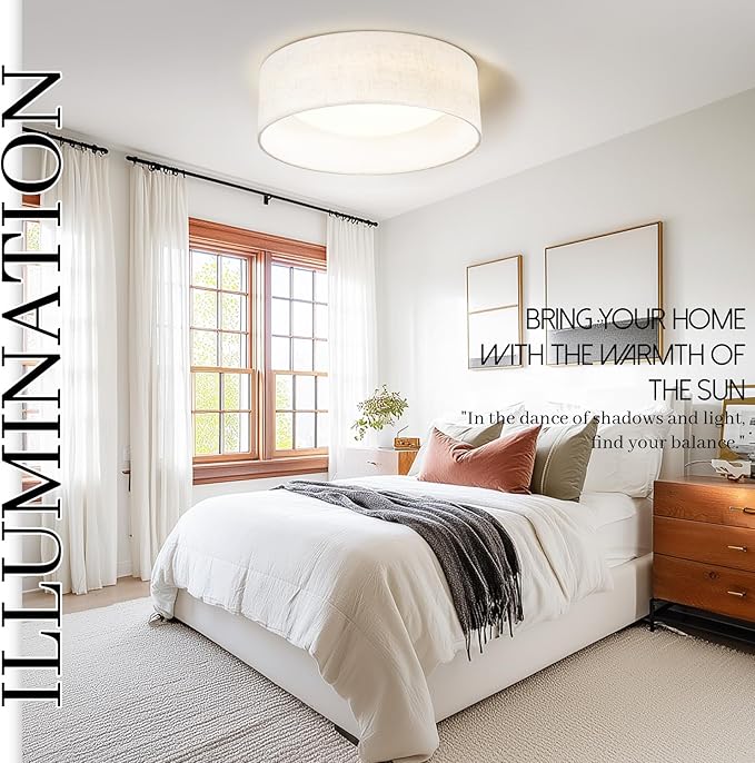 Hamilyeah LED Flush Mount Ceiling Light with Fabric Shade, 12 inch Kitchen Lighting Fixture Ceiling Mount 5CCT, Dimmable Beige Linen Ceiling Lighting Fixture 24W for Bedroom,Living Room, Kitchen