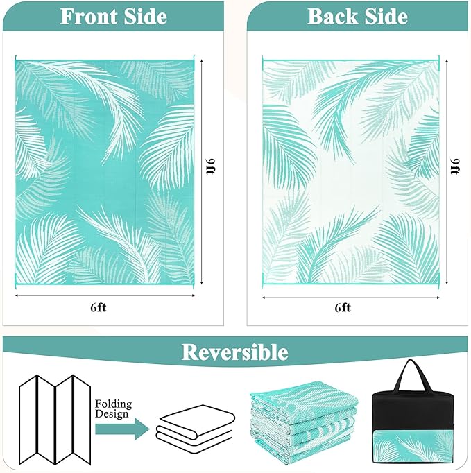 Pauwer Waterproof Outdoor Rug 6x9, Reversible Plastic Straw Patio Camping Rug, Indoor Outdoor RV Mat Carpet for Deck, Camper, Porch, Balcony, Backyard, Picnic, Leaf Light Blue
