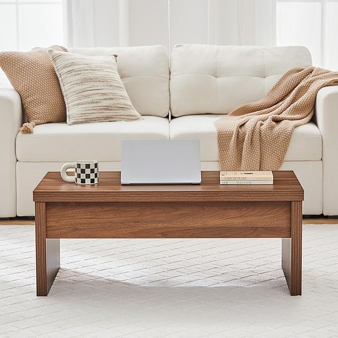 Small Lift Top Coffee Table, Wood Rectangle Coffee Table with Lifting Top and Hidden Storage Compartment, Mid Century Modern Center Tables for Small Space, Living Room, Office (Walnut)