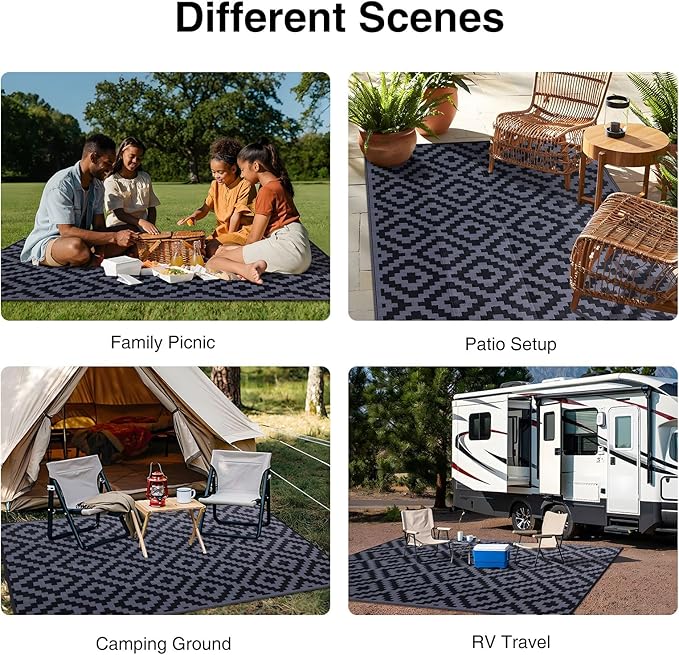 OLANLY Waterproof Outdoor Rug 10x14 ft, Outdoor Plastic Straw Rug for Camping, RV Mat Outside, Indoor Outdoor Carpet for Porch, Deck, Backyard, Balcony, Picnic, Black & Grey