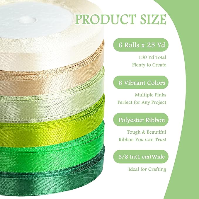 3/8" 6 Colors X 25 Yards Green Satin Ribbon,150 Yards Assorted Green Colors Satin Ribbons for Flower Bouquet,Ribbons for Gift Wrapping Happy Birthday Party Decorations