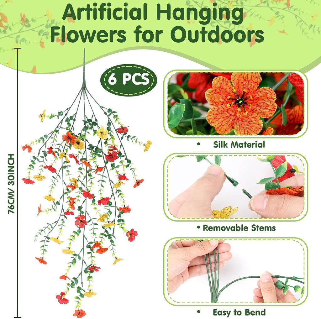 6 Pcs Artificial Fall Hanging Flowers Outdoor Silk Mum Plants Autumn Decor Faux Violet with Eucalyptus Realistic UV Resistant Trailing Vine Thanksgiving Porch Yard(Bright Color,Violet)