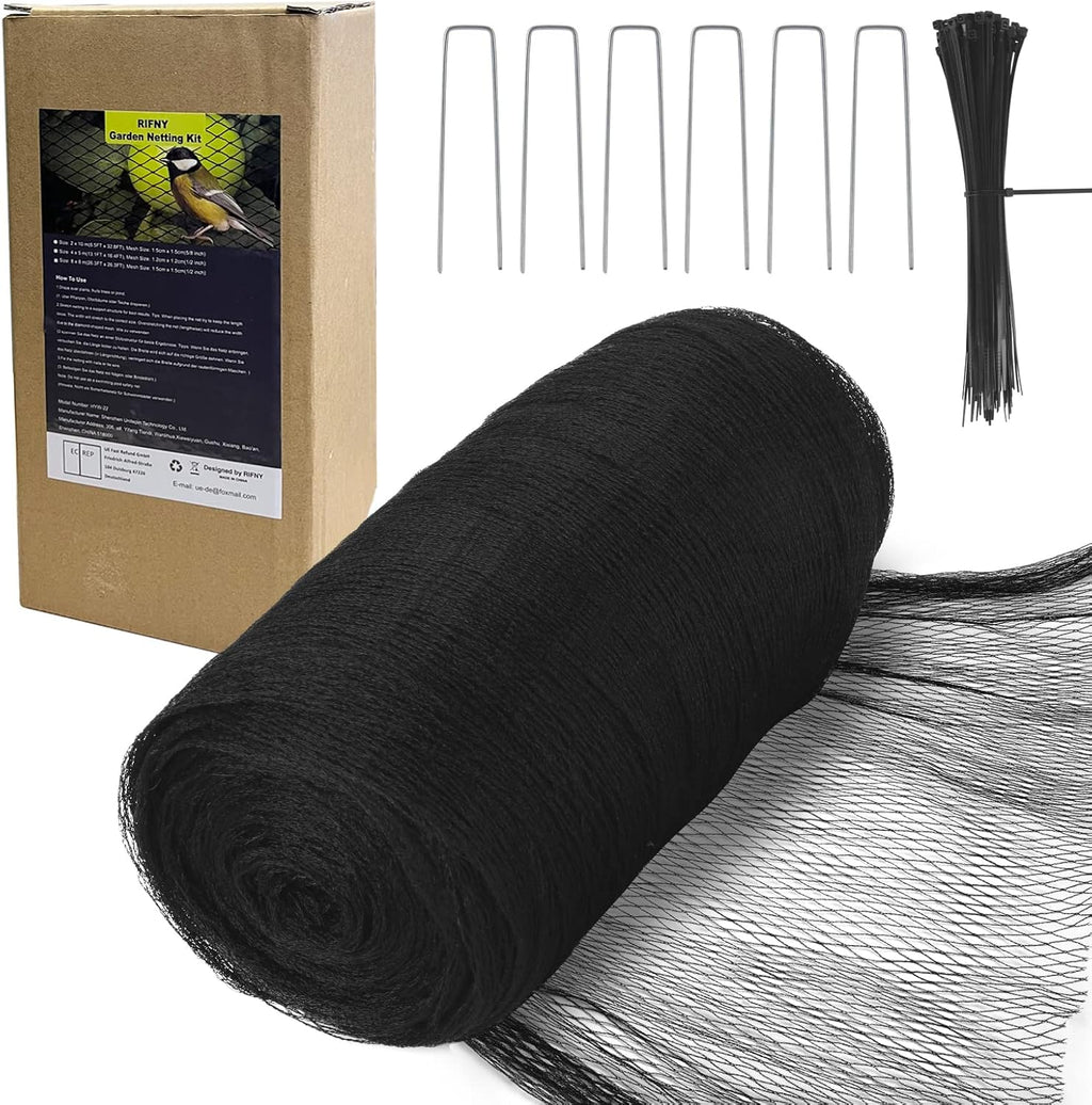 Bird Netting for Garden - 6.5 x 32.8 FT Heavy Duty Anti Bird Netting Mesh with Ties and Landscape Staples for Vegetable, Fruit Trees & Other Plants, Lasting Against Birds Deer Squirrels and Poultry