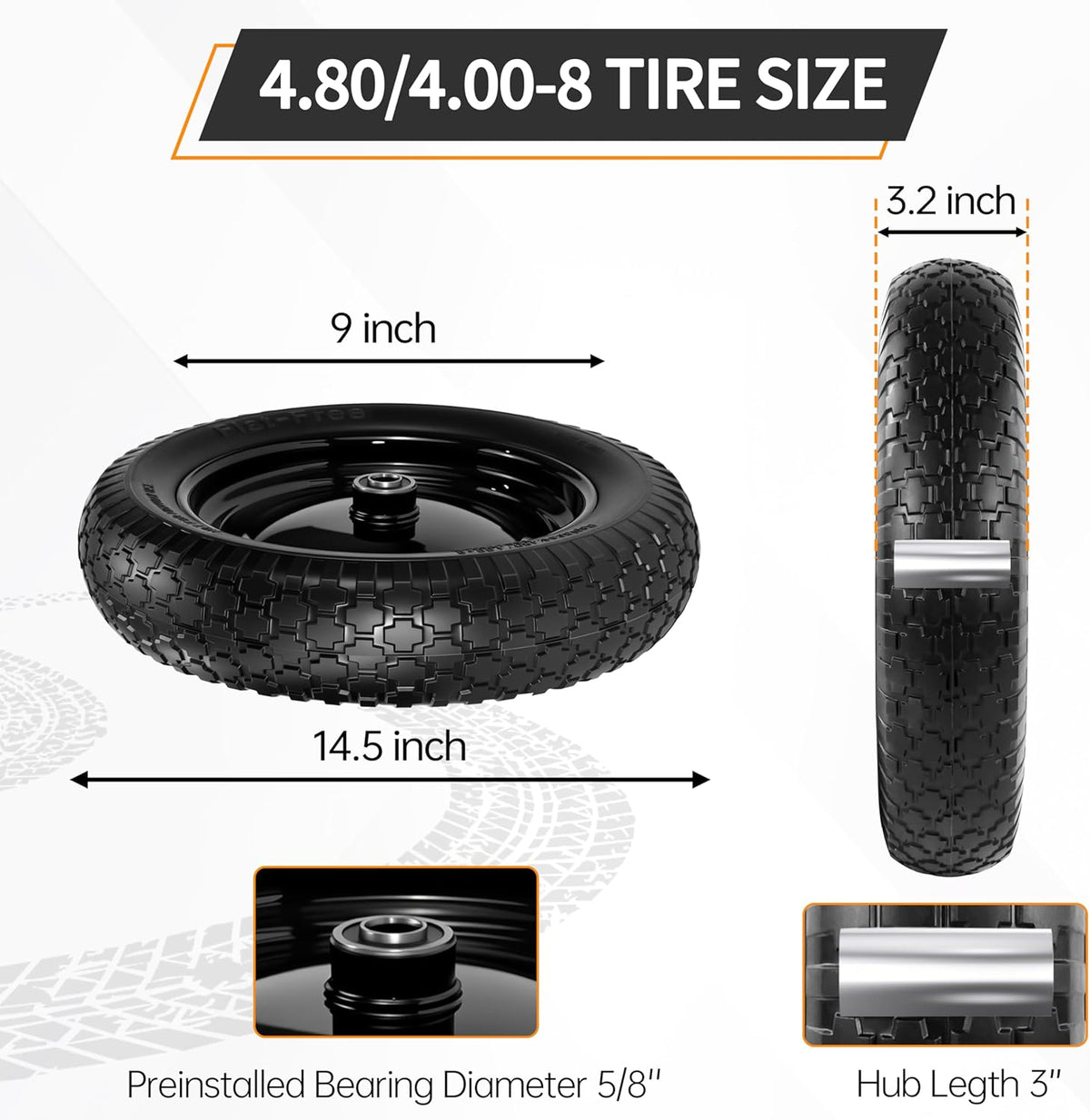 2 PCS 4.80/4.00-8 Flat Free Tire and Wheel, 14.5 Solid Wheelbarrow Tires, 5/8" 3/4" Bearings，3"-7" Centered Hub for Hand Truck, Garden Cart, Universal Fit 4.80/4.00-8, 3.50/3.00-8 4.00-6 etc