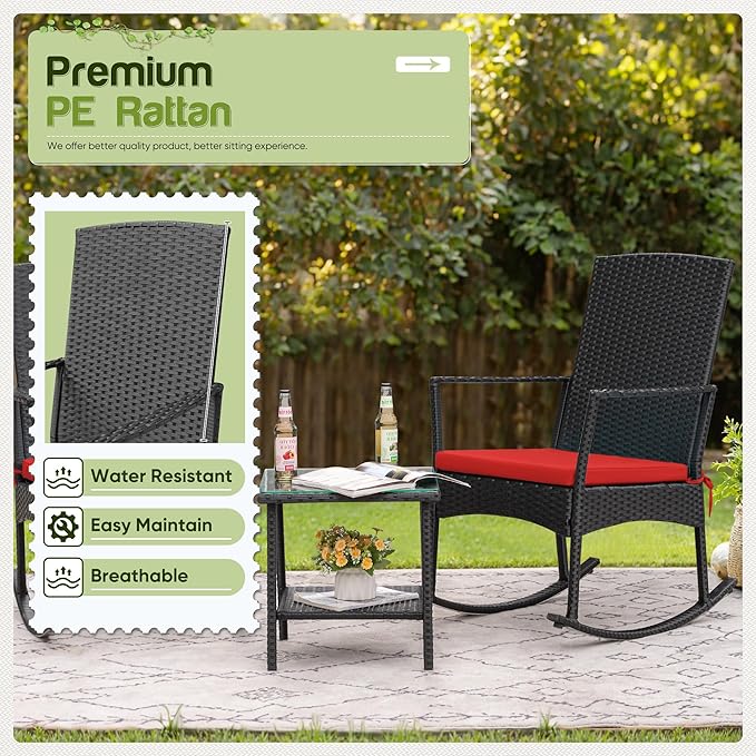 Flamaker Rocking Chair Outdoor PE Rattan Patio Chairs with Glass Table High Back Porch Rocker for Balcony, Garden, Backyard (Red)