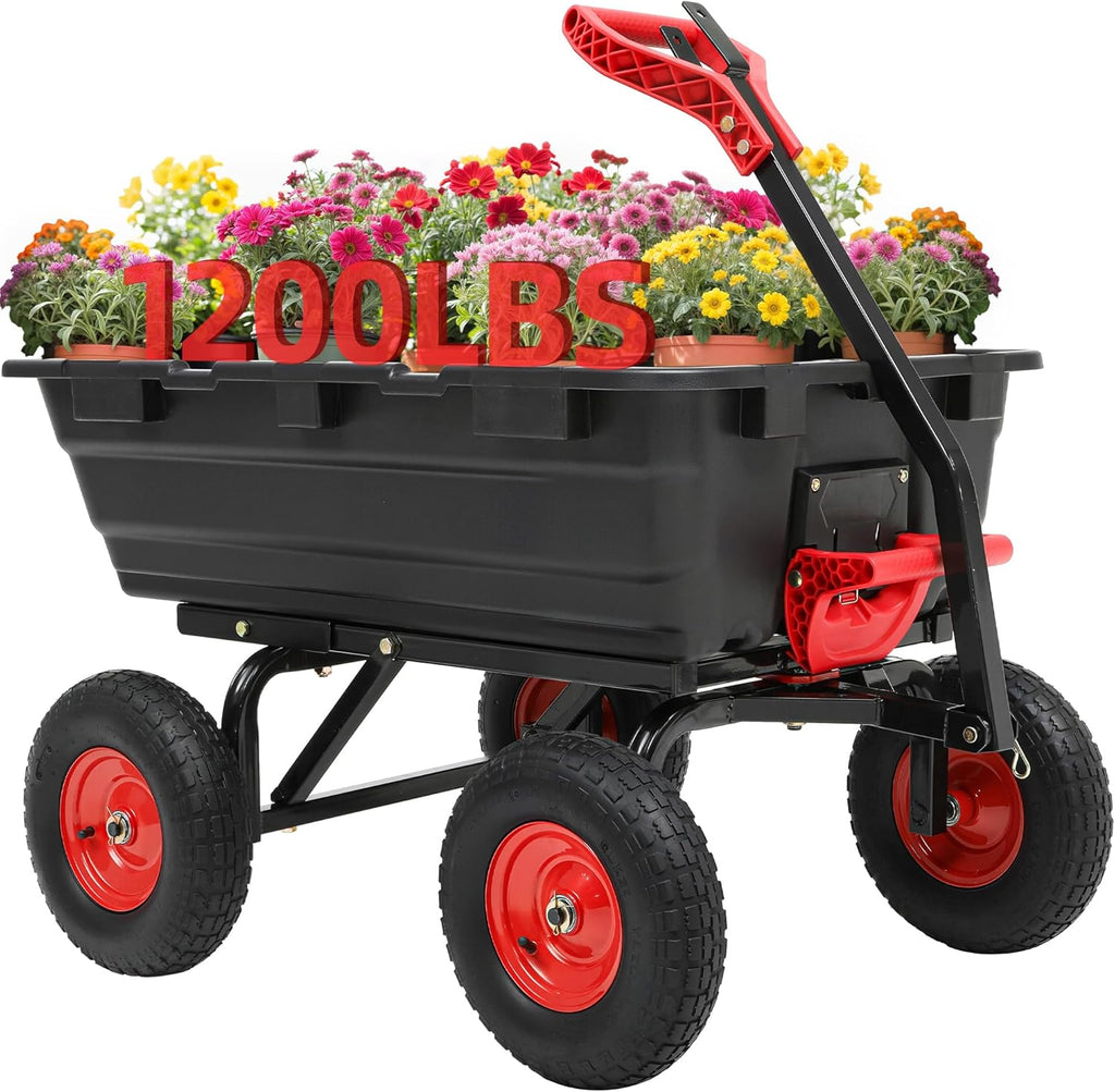 1200lbs Garden Dump Cart,Ultym Heavy Duty 7 Cu.Ft Trailer Dump Cart with Hitch,Garden Dump Wagon with 13" All Terrain Wheels & 2-in-1 Handle,Tow Behind for Lawn Mower Tractor ATV