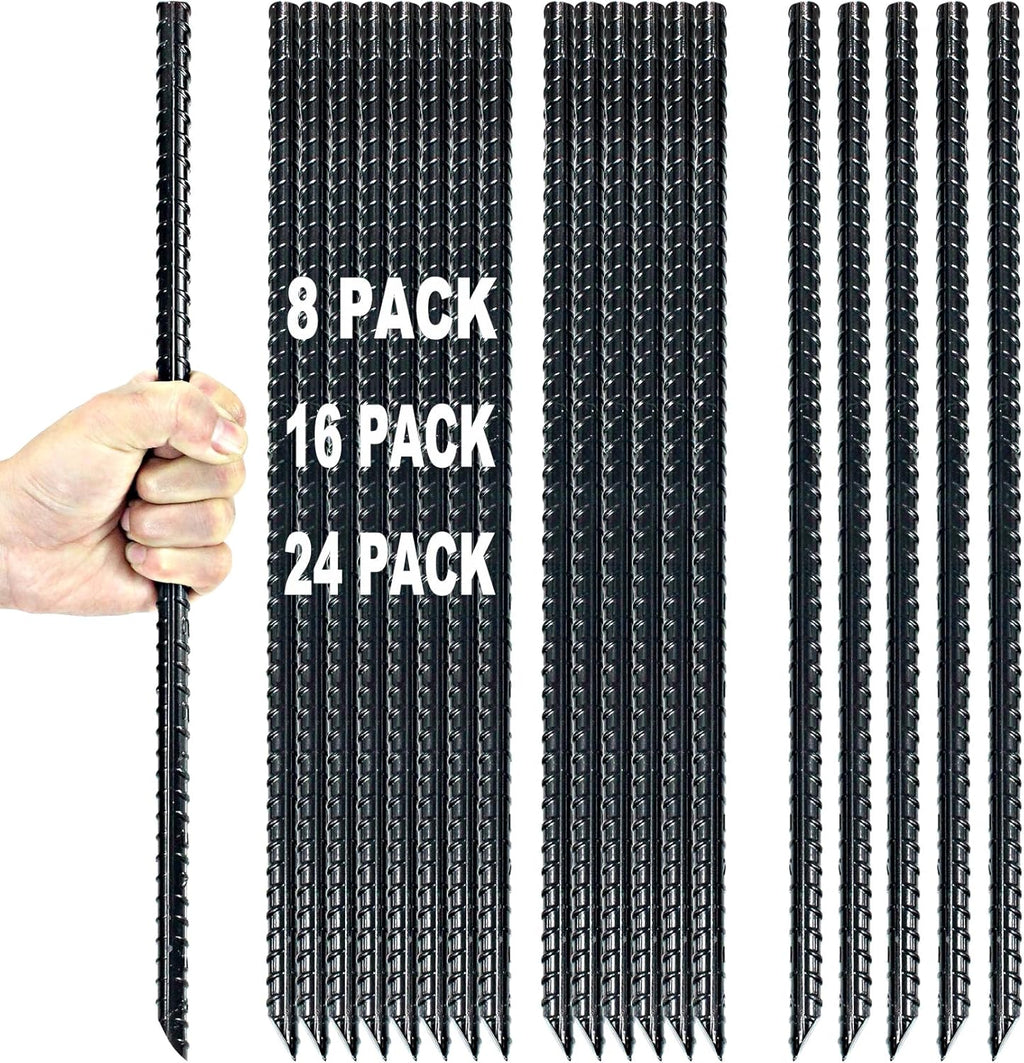 16 Inch Ground Rebar Stakes Heavy Duty Steel Ground Anchors for Outdoor, Straight Metal Stakes with Chisel Point end, Black Powder Coated (8)