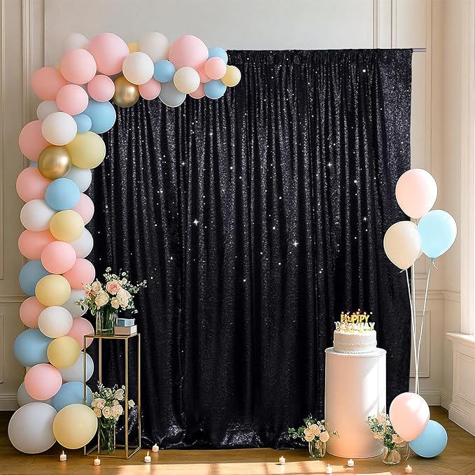 SquarePie Sequin Backdrop Less Transparent Background Sparkly Curtain for Wedding Halloween Party 6FT x 6FT Black