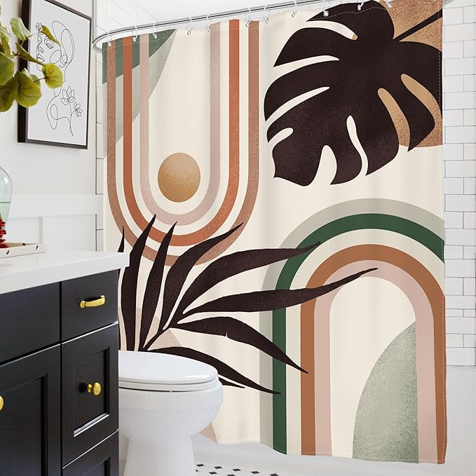 Glawry Boho Mid Century Shower Curtain Abstract Tropical Plant Minimalist Bohemian Botanical Palm Leaf Bathroom Modern Geometric 60Wx72L Inches Bath Accessories Art Home Decor Fabric 12 Pack Hooks…