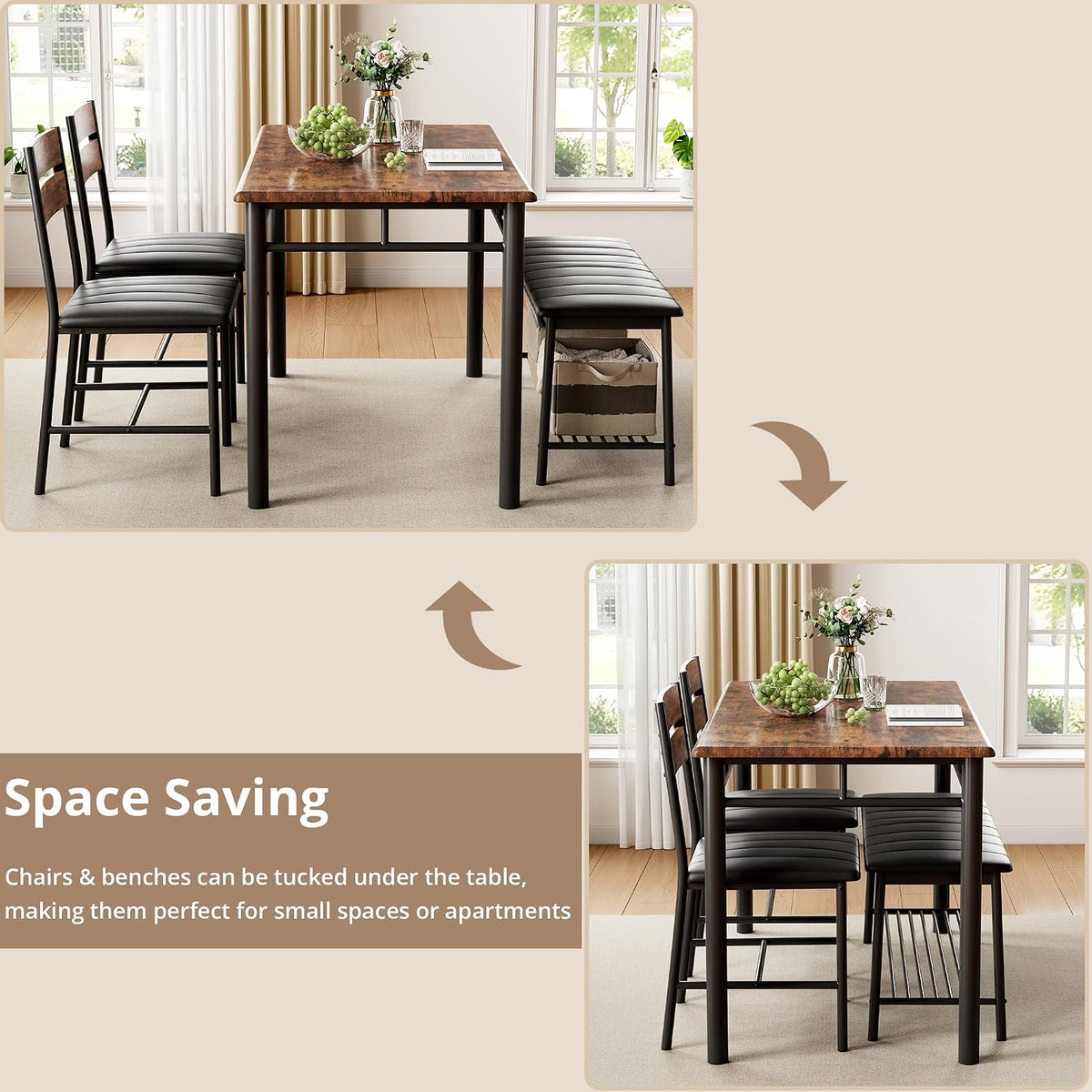 IRONCK Dining Table Set for 4, Kitchen Table and Chairs Set, Rustic Brown | Kitchen Table with Upholstered Bench and 2 Chairs for Small Space, Apartment