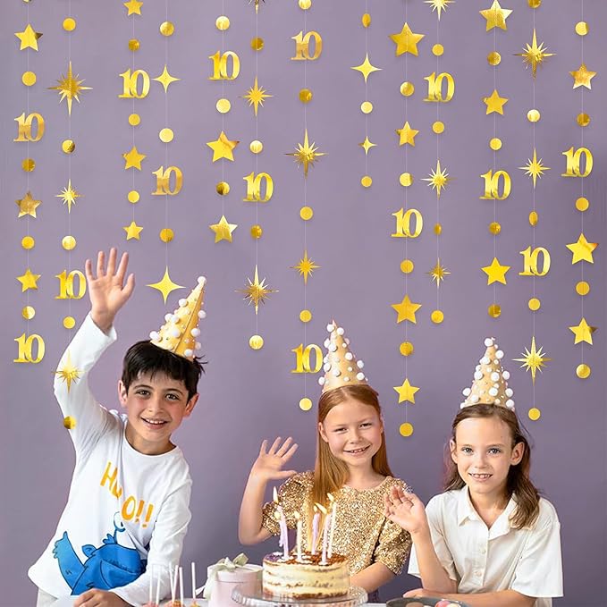 Gold 10th Birthday Decorations Number 10 Circle Dot Twinkle Star Garland Metallic Hanging Streamer Banner Backdrop for Girls Boys Double Digits Ten Year Old Birthday 10th Anniversary Party Supplies