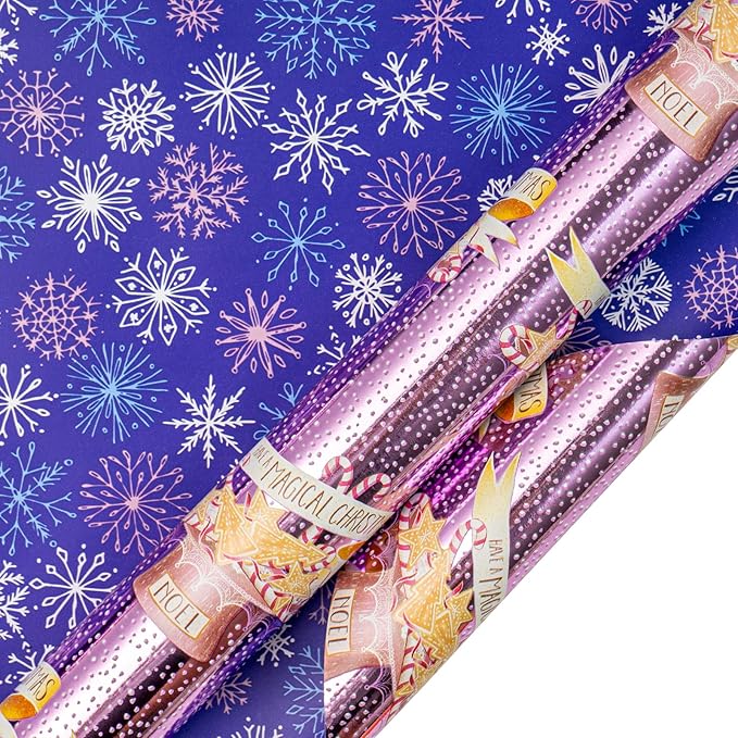 LeZakaa Christmas Purple Wrapping Paper Mini Roll, Have a Magical Christmas Cake Stand, Snowflake in Purple, Metallic Foil, Reversible Design for Winter Holiday Family Gathering, 17 inches x 32.8 Feet