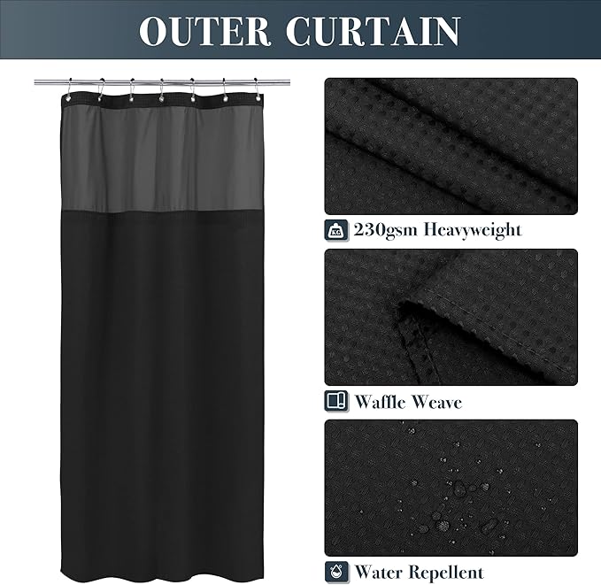 N&Y HOME Stall Waffle Weave Shower Curtain with Snap-in Fabric Liner & Hooks Set - 36" x 72" Small Shower Stall Size, Hotel Style & Mesh Top Window, Machine Washable - 36x72, Black
