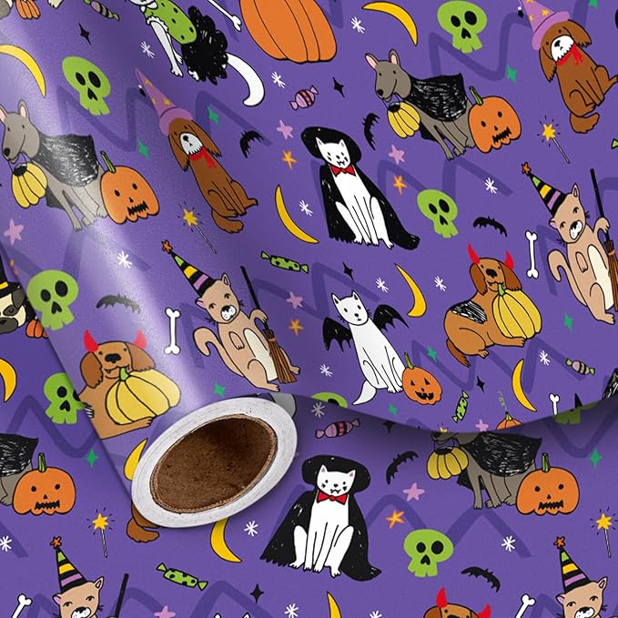 LeZakaa Halloween Purple Animal Wrapping Paper Roll, Cat Dog in Halloween Costumes, Pumpkins Bats Skulls Cheer, for Pet Lovers, Kids, Trick-or-Treat Party Decor, Mini Roll 17 in x 16.4 Ft