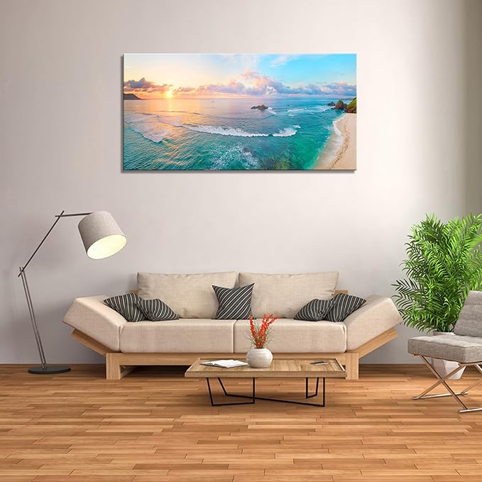 XXMWallArt FC3962 Tropical Beach Wall Art Blue Sea Sunset Natural Scenery Picture Print On Canvas Seascape Canvas Print Artwork for Living Room Bedroom Kitchen Home and Office Wall Decor