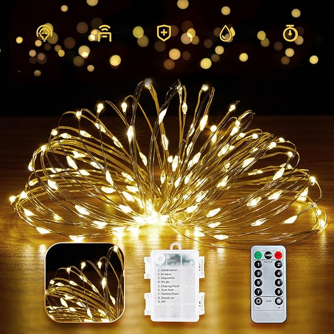 Minetom Fairy Lights Battery Operated with Remote, 66Ft 200 LED Waterproof String Lights Indoor Outdoor, Starry Twinkle Light for Christmas Home Bedroom Wedding DIY Centerpiece Decor