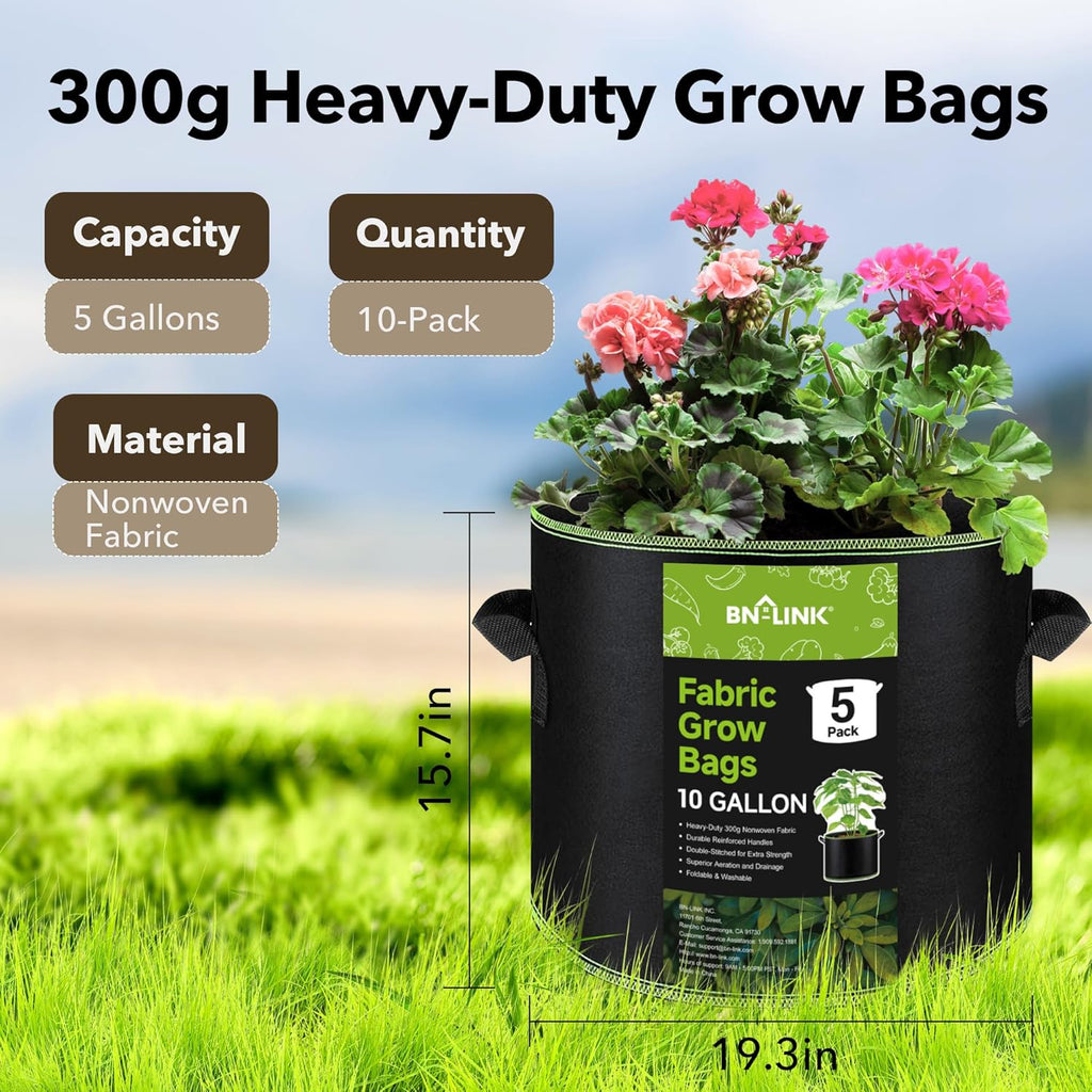 BN-LINK 5-Pack 10 Gallon Grow Bags, Heavy Duty Aeration Fabric Pots with Handles, Thickened Nonwoven Plant Bags for Vegetables, Flowers, Fruits