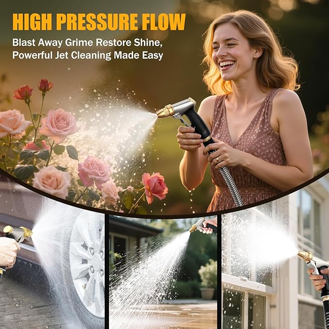 Heavy Duty Brass Garden Hose Nozzle High Pressure Metal Water Spray Nozzle with 4 Adjustable Patterns for Garden Watering, Car Washing & Pet Bathing (Brass)