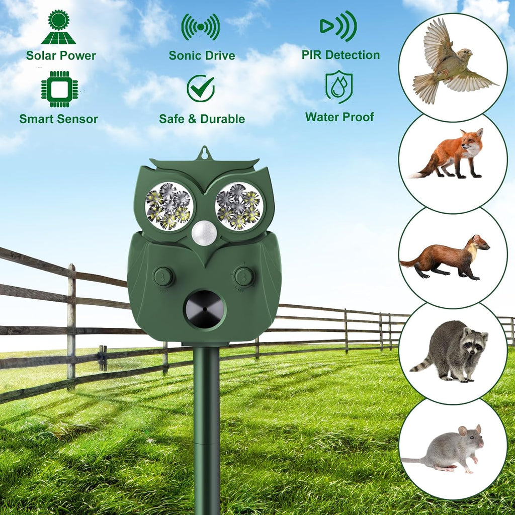 Animal Repellent Outdoor Solar Powered, Ultrasonic Deer Squirrel Skunk Rabbit Rodent Dog Deterrents Waterproof Animal Repeller, Pest Control for Gardens, Deter Mice, Snake, Squirrels, Rodents