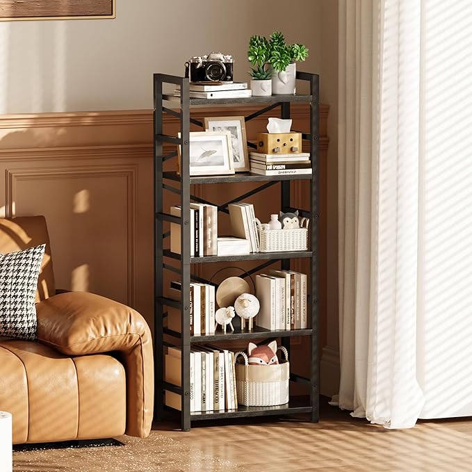 Homeiju Organization and Storage,Tall Bookcase with Shelves, Wood and Metal Book Shelf Storage Organizer, Industrial Display Standing Shelf Unit for Bedroom, Living Room, Black
