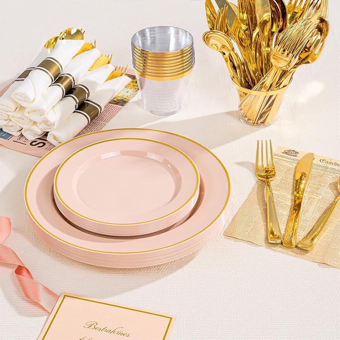 SUT 175 Pcs Pink and Gold Plastic Dinnerware Set for 25 Guests, Include: 25 Dinner Plates, 25 Dessert Plates, 25 Pre Rolled Napkins With Silverware, 25 Cups, Disposable Plates for Baby Shower, Party