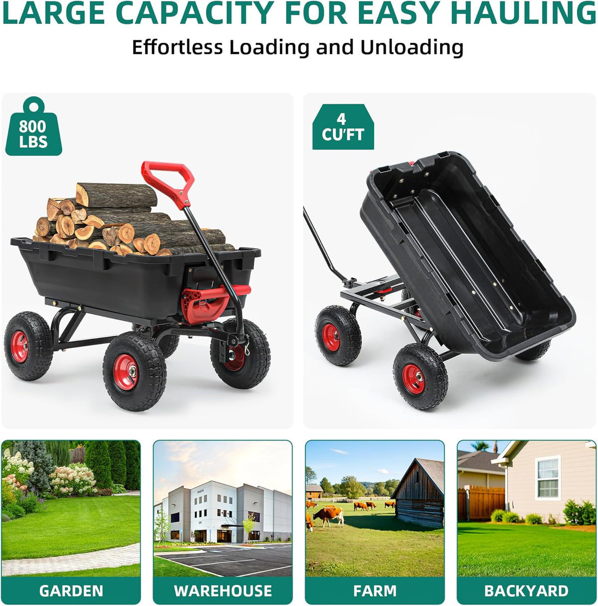 800lb Garden Dump Cart, Heavy Duty Wheelbarrow Dump Wagon with 4 Wheels&Quick-Release Dumping,Utility Wagon Carts for Yard,Farm and Garden