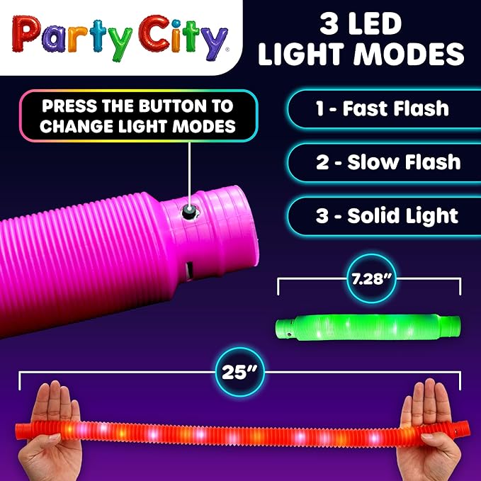 Party City 12pk LED Light Up Pop Tubes 25”- 3 Mode Stretchy Tubes LED Light Up Toys Bulk Glow Sticks Party Favors for Kids Necklaces Bracelets Neon Glow in the Dark Supplies Fidget Sensory Tube Pack