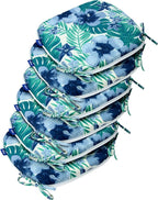 SleepMan Outdoor 17"x16" Chair Cushions with Ties Set of 6, Water Resistant All Weather U-Shape Seat Pads for Patio Garden Furniture Indoor Fade Resistant Patio Cushions (Blue Flower)