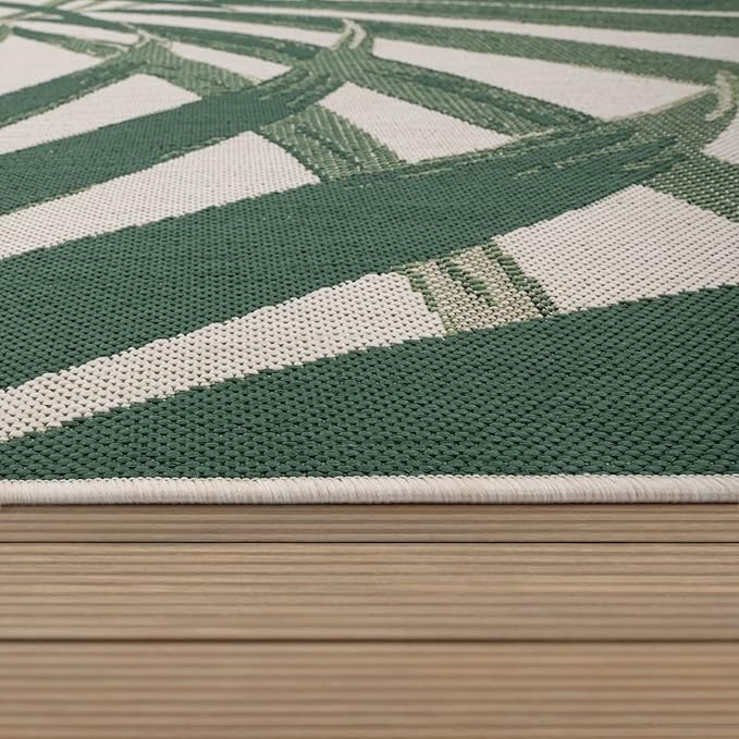 Tropical Outdoor Rug Palm Tree & Jungle Design Flatweave in Green Beige, Size: 4'7" x 6'7"
