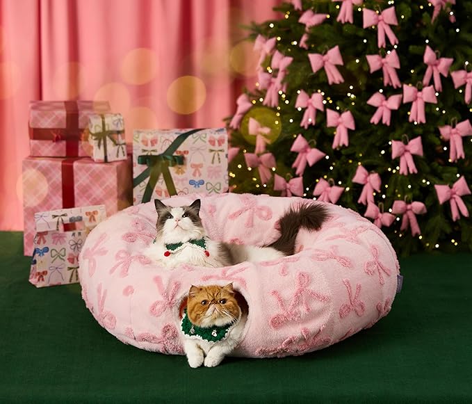 Lesure Cat Tunnel Bed for Indoor Cats - Cute Cat Donut Tunnel Toys with Washable Circle Cushion, Round Pet Peekaboo Cave Toy for Kitten/Puppy/Rabbit, Standard Pink Taffy