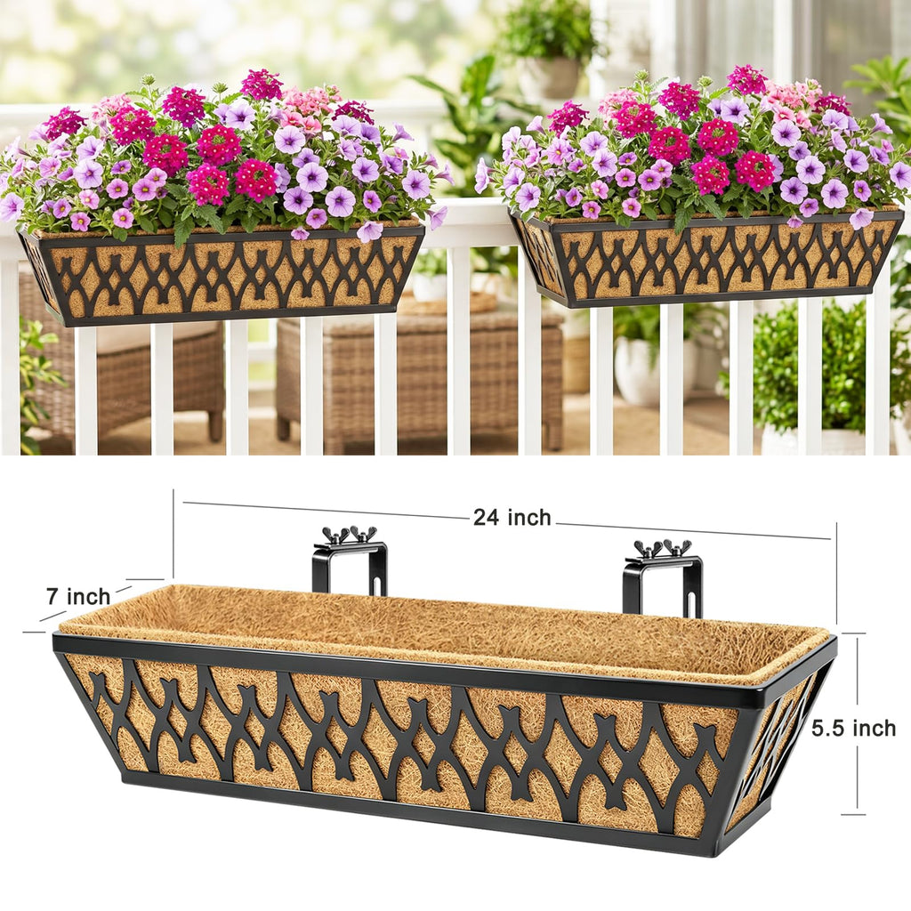 4 Pack 24 Inch Window Boxes Planters for Outdoor Plants Railing Planter Box with Adjustable Brackets for Windowsill Porch Fence Patio Hanging Flower Coco Baskets for Outside Decoration - Black