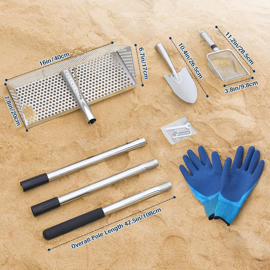 Sand Flea Rake, Long Handle Sand Sifter for The Beach, Stainless Steel Shark Tooth Sifter Comes with A 16-Inch Wide Mesh Screen for Collecting Fleas, Shark Teeth, and Seashells
