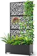 Metal Raised Garden Bed with Trellis, 2 in 1 Trellis with Planter Box & Privacy Screen for Climbing Plants, Vine, Outdoor Standing Flower Beds with Drainage Holes, 35.4"L x 15.7"W x 70.10"H,(Black)